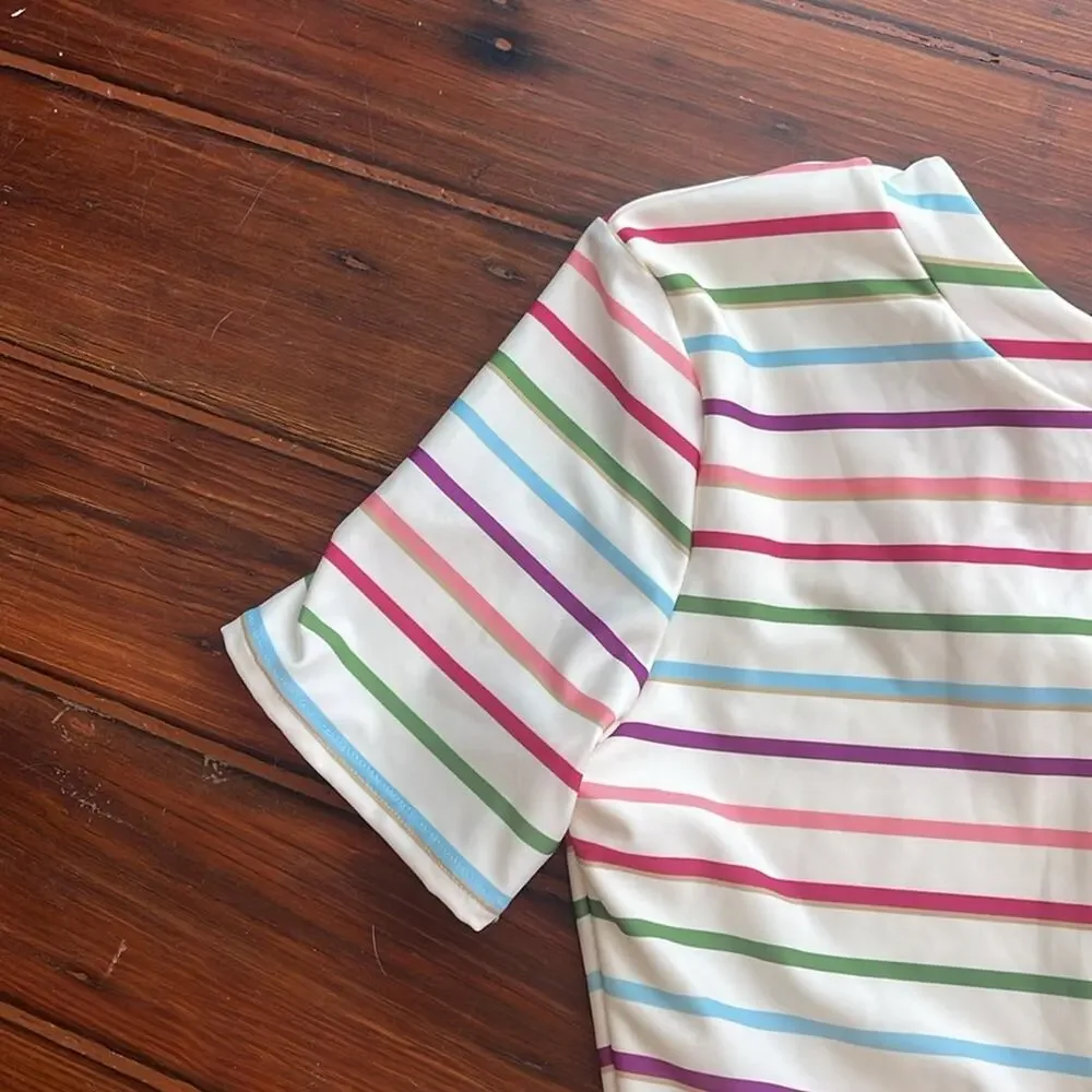 NWT Kate Spade striped short sleeve crewneck modest bikini swimsuit set sz L